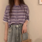 Camisa de cuello de colores a rayas de manga corta